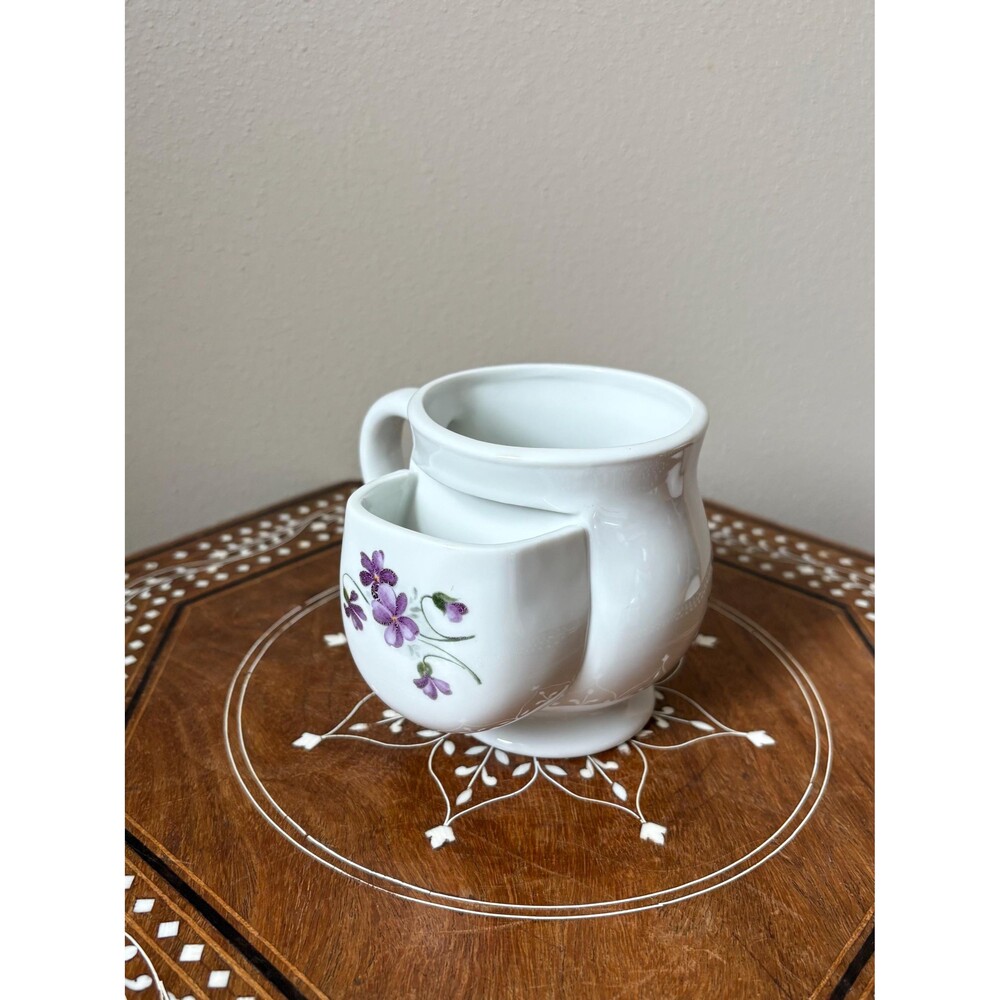 Vintage Hues N Brews Floral Violets Tea Cup Mug Side Bag Pocket Holder Japan